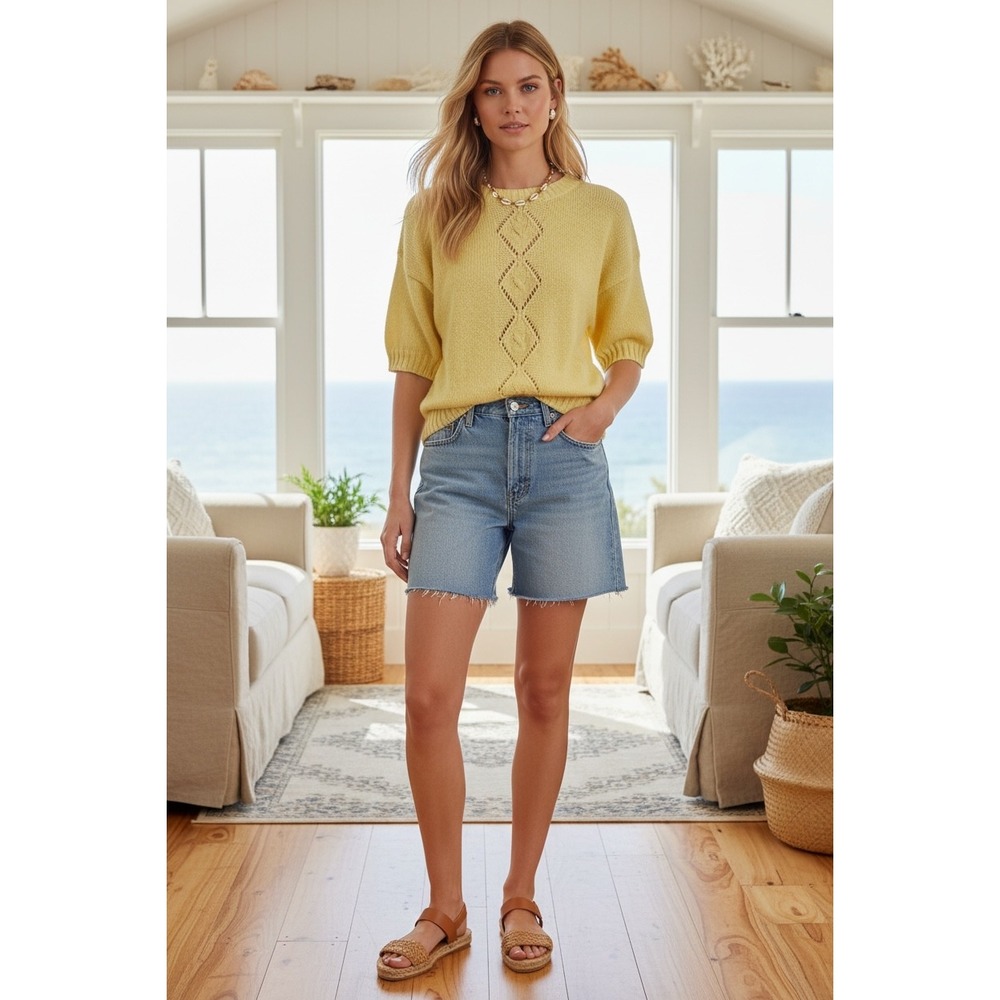Cuddle Knit Sweater Large Yellow Pointelle Diamond S/S Vintage Cottage Coastal